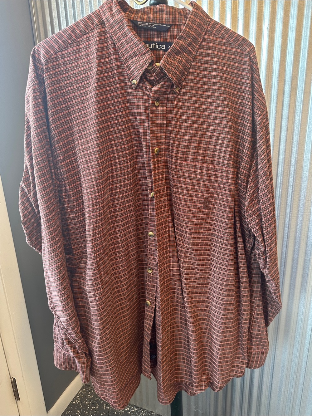 Nautica Men's Red and Brown Plaid Button-Down Shirt